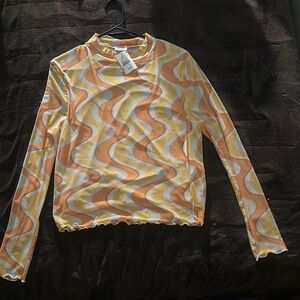 70s style mock neck psychedelic vibe mesh long sleeve